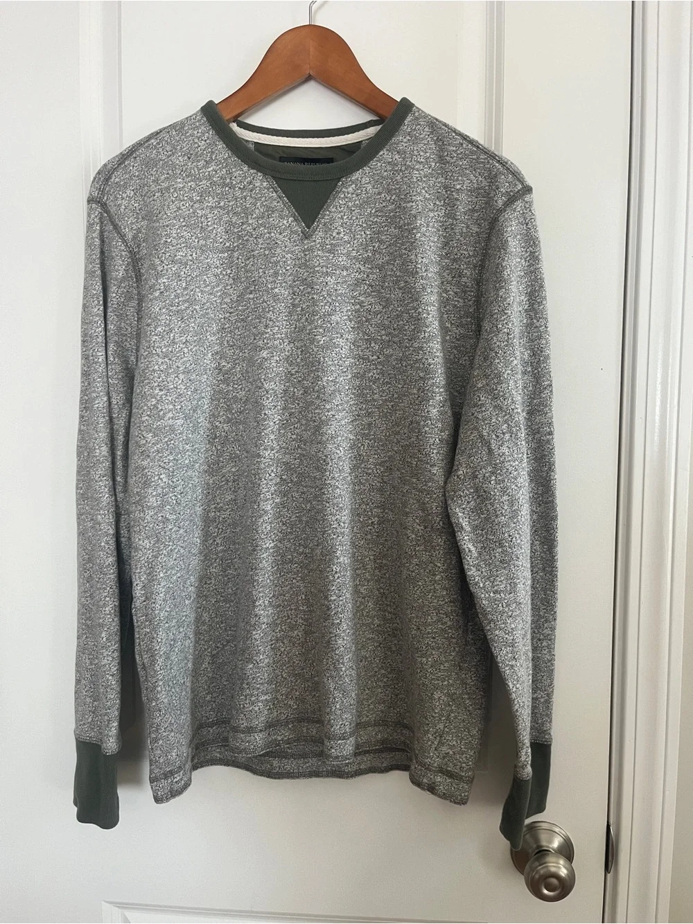 Banana Republic Gray Crewneck Sweater with Olive Trim